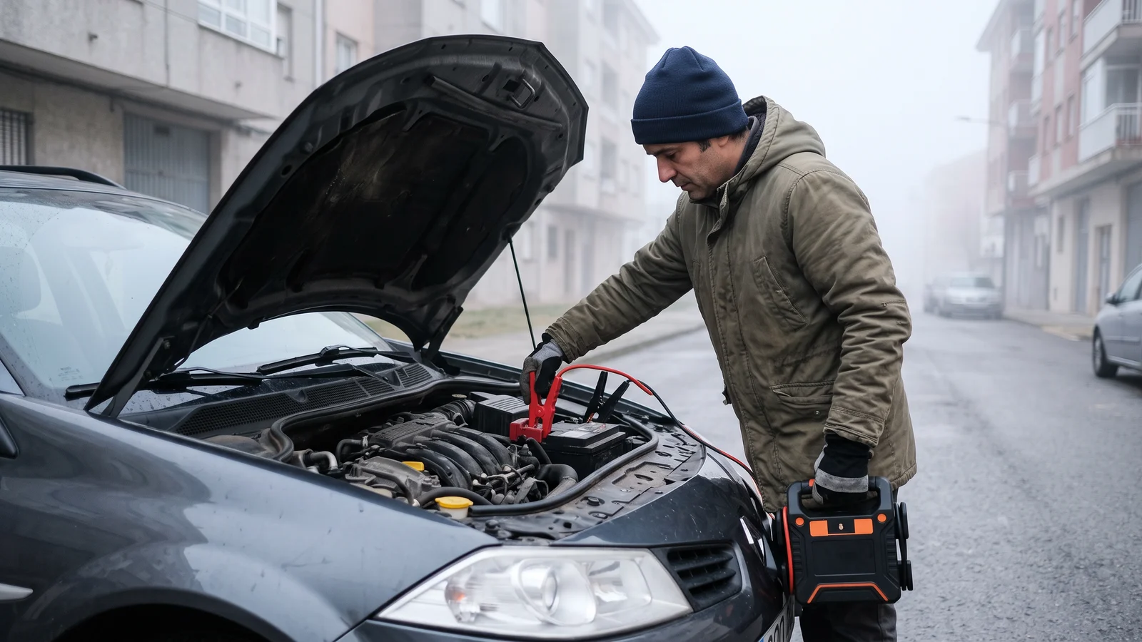 Persona conectando la pinza positiva de un arrancador portátil a la batería de un coche en una mañana fría