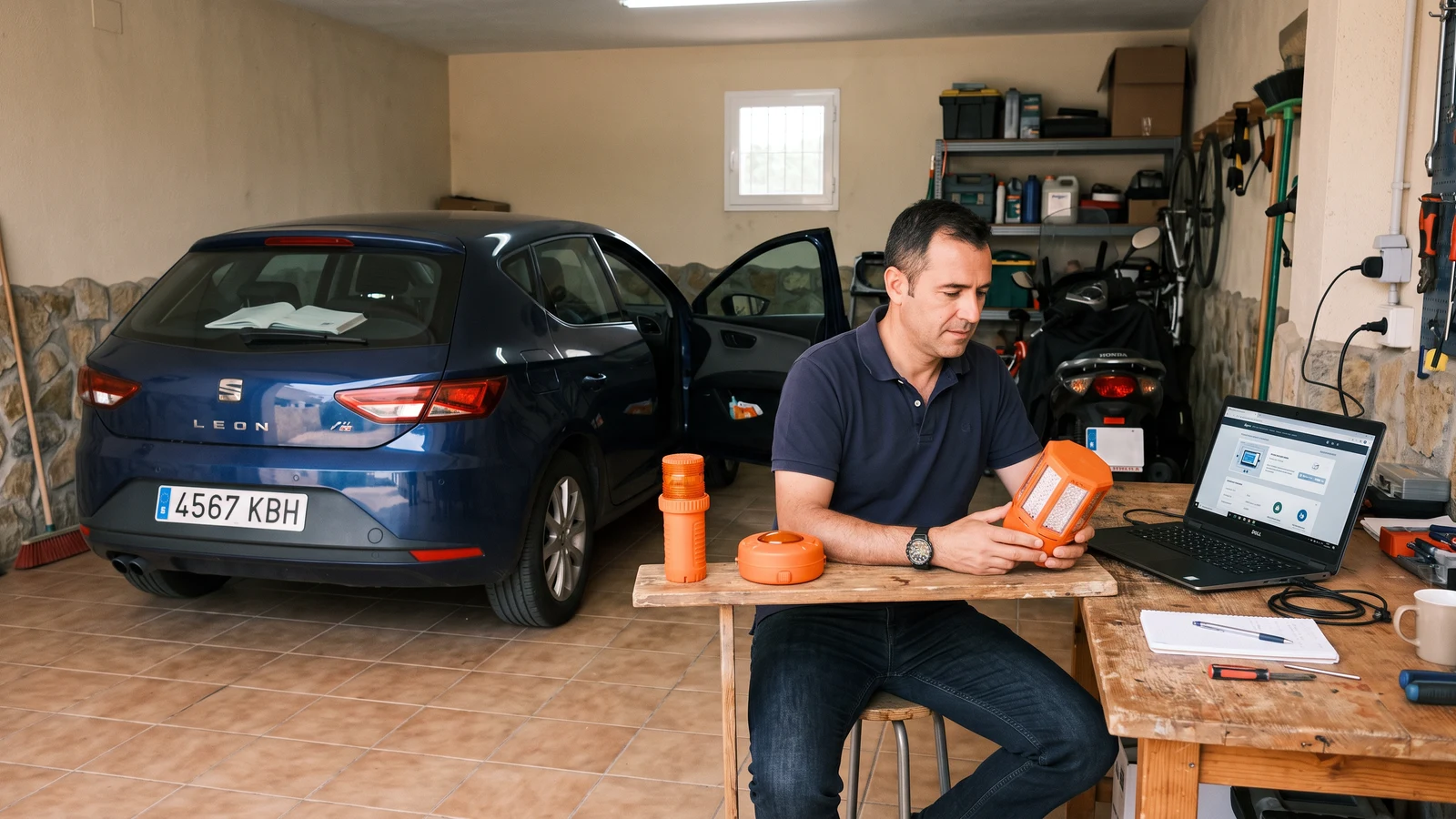 Conductor comparando modelos y certificados de balizas V16 conectadas antes de guardarlas en el coche
