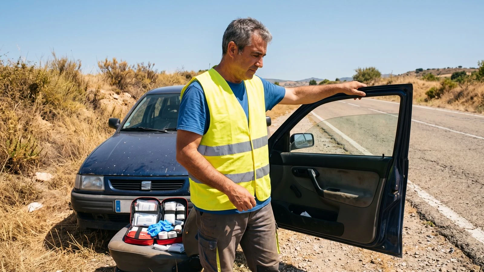 Conductor con chaleco reflectante junto a su coche en el arcén, con un botiquín abierto sobre el asiento del acompañante