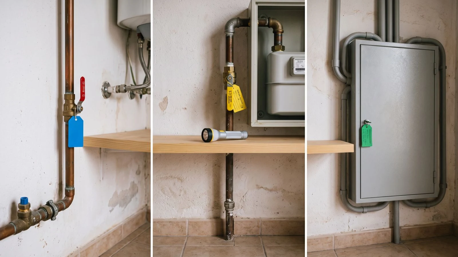 Llaves de corte domésticas identificadas para agua, gas y electricidad sin manipulación
