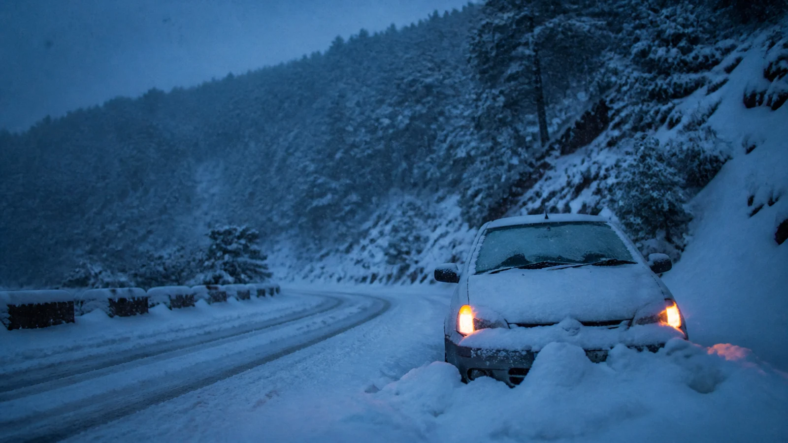 Coche detenido en el arcén de una carretera nevada al anochecer, con nieve acumulada hasta el parachoques