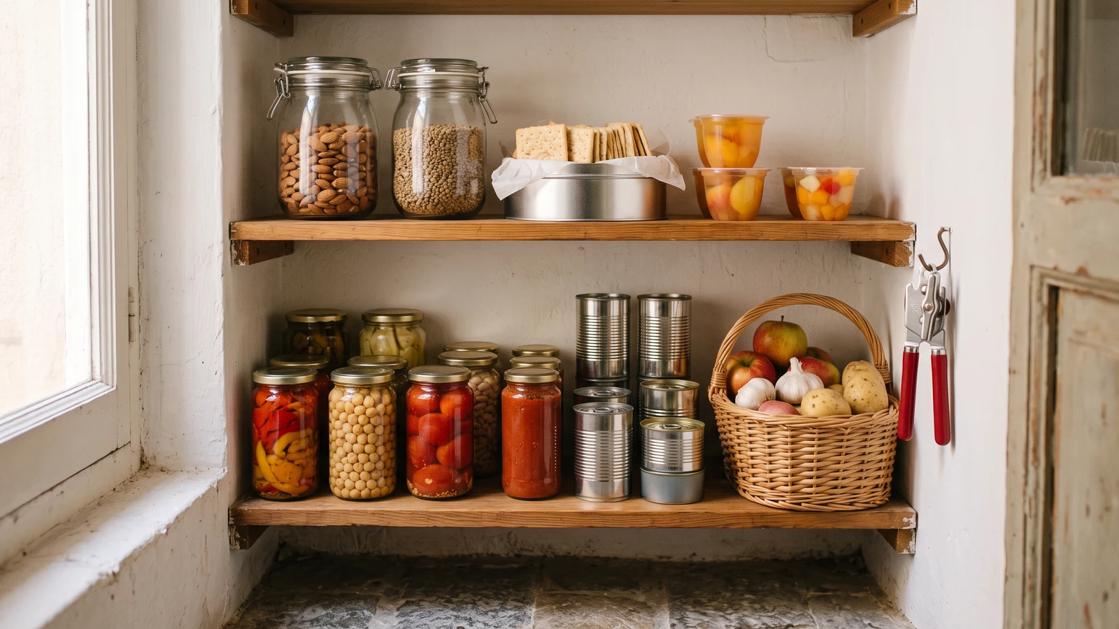 Despensa doméstica con alimentos habituales organizados para tres días sin nevera ni cocina