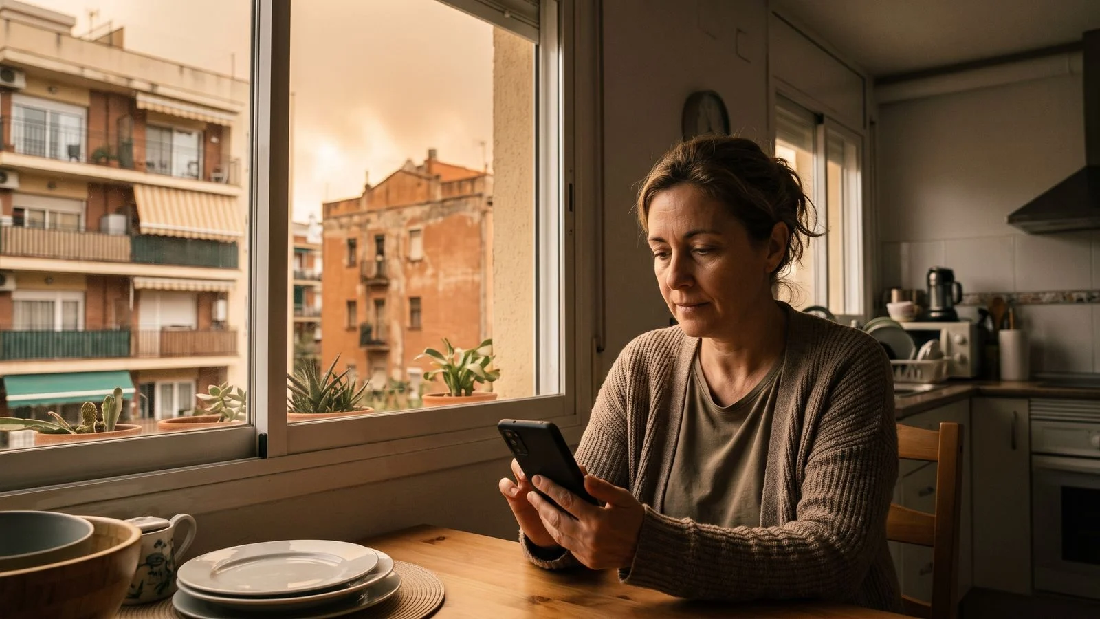Persona consultando el móvil junto a una ventana con un cielo anaranjado de fondo por humo de un incendio cercano