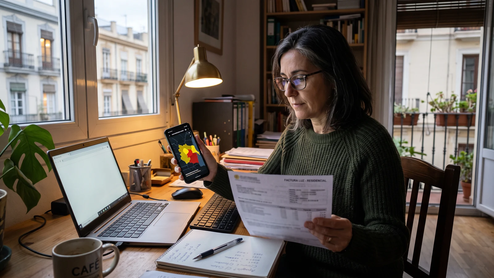 Persona localizando su distribuidora eléctrica y consultando un aviso oficial de avería