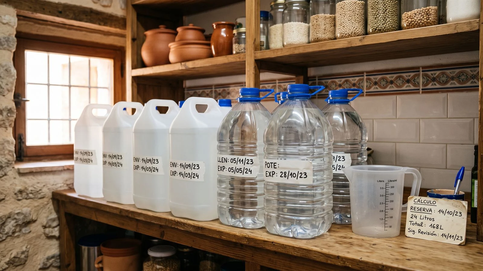 Garrafas de agua etiquetadas y organizadas para una reserva doméstica de 72 horas