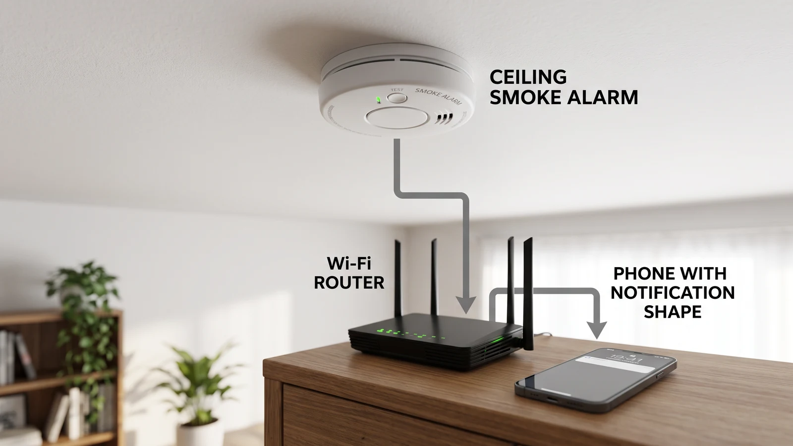 Detector de humo, teléfono y router mostrados como partes separadas de una cadena de aviso