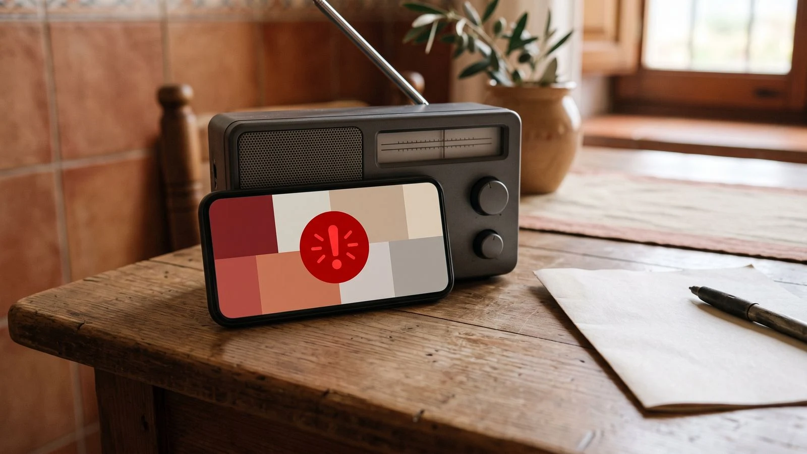 Teléfono compatible mostrando una alerta de emergencia genérica junto a una radio