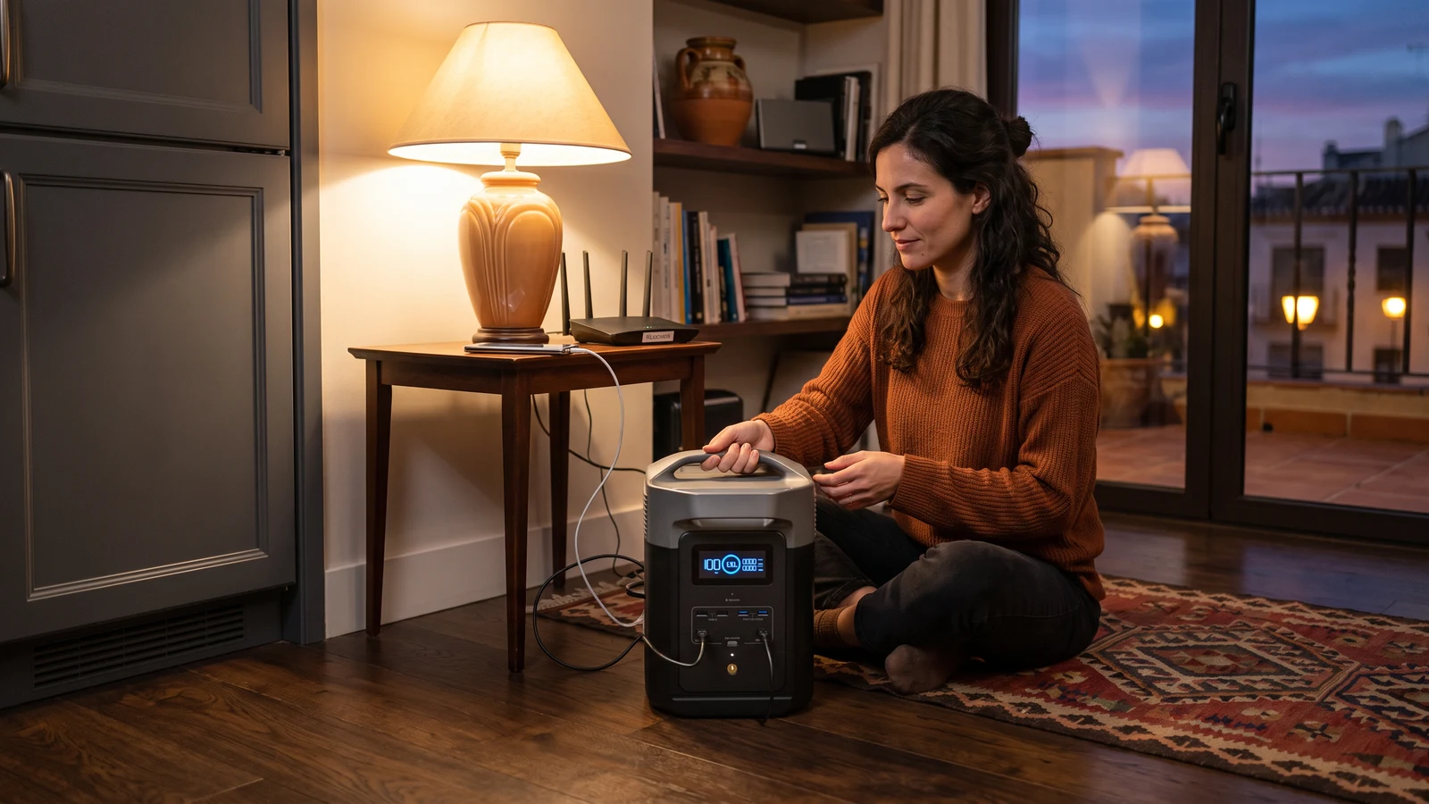 Mujer en un piso español con una EcoFlow DELTA 2 junto a la nevera