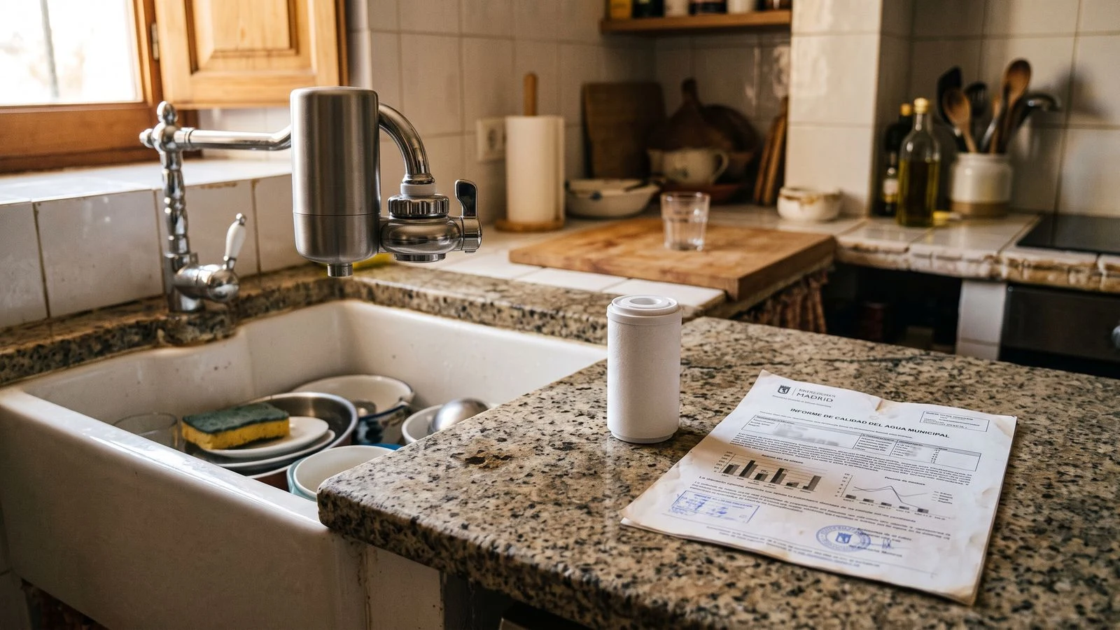 Filtro de grifo, cartucho e informe de calidad del agua preparados para comprobar sus límites