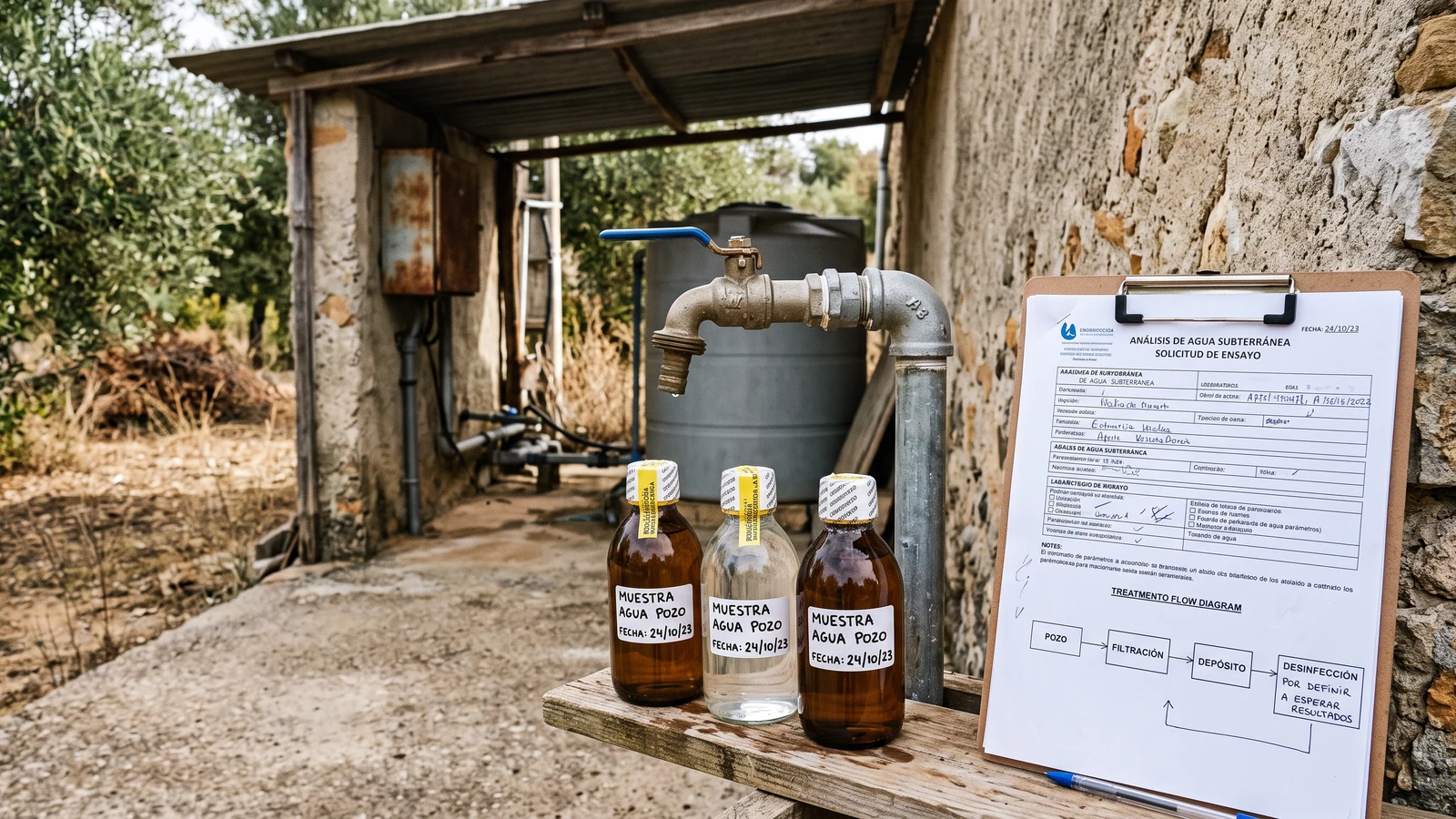 Muestras selladas e informe de laboratorio junto a un esquema de tratamiento de agua de pozo aún vacío