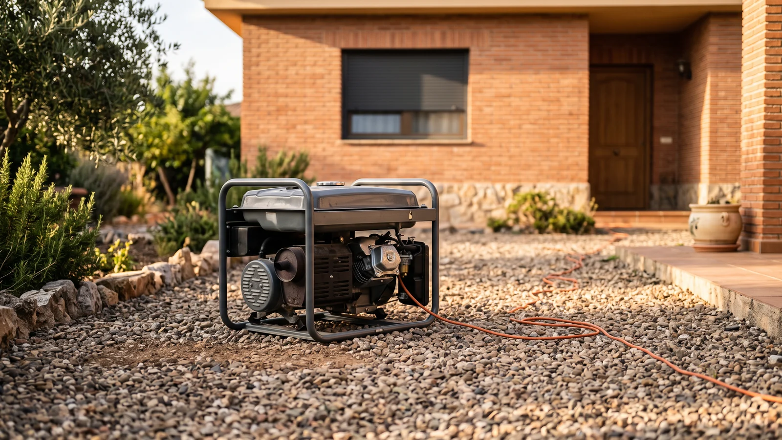 Generador portátil funcionando en el jardín, a varios metros de la fachada de una casa, con el escape orientado lejos de las ventanas