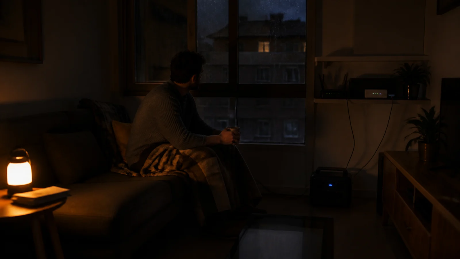 Salón de una vivienda española en penumbra durante un apagón de invierno, con una lámpara puntual encendida, el router iluminado y una estación de energía portátil conectada en el suelo