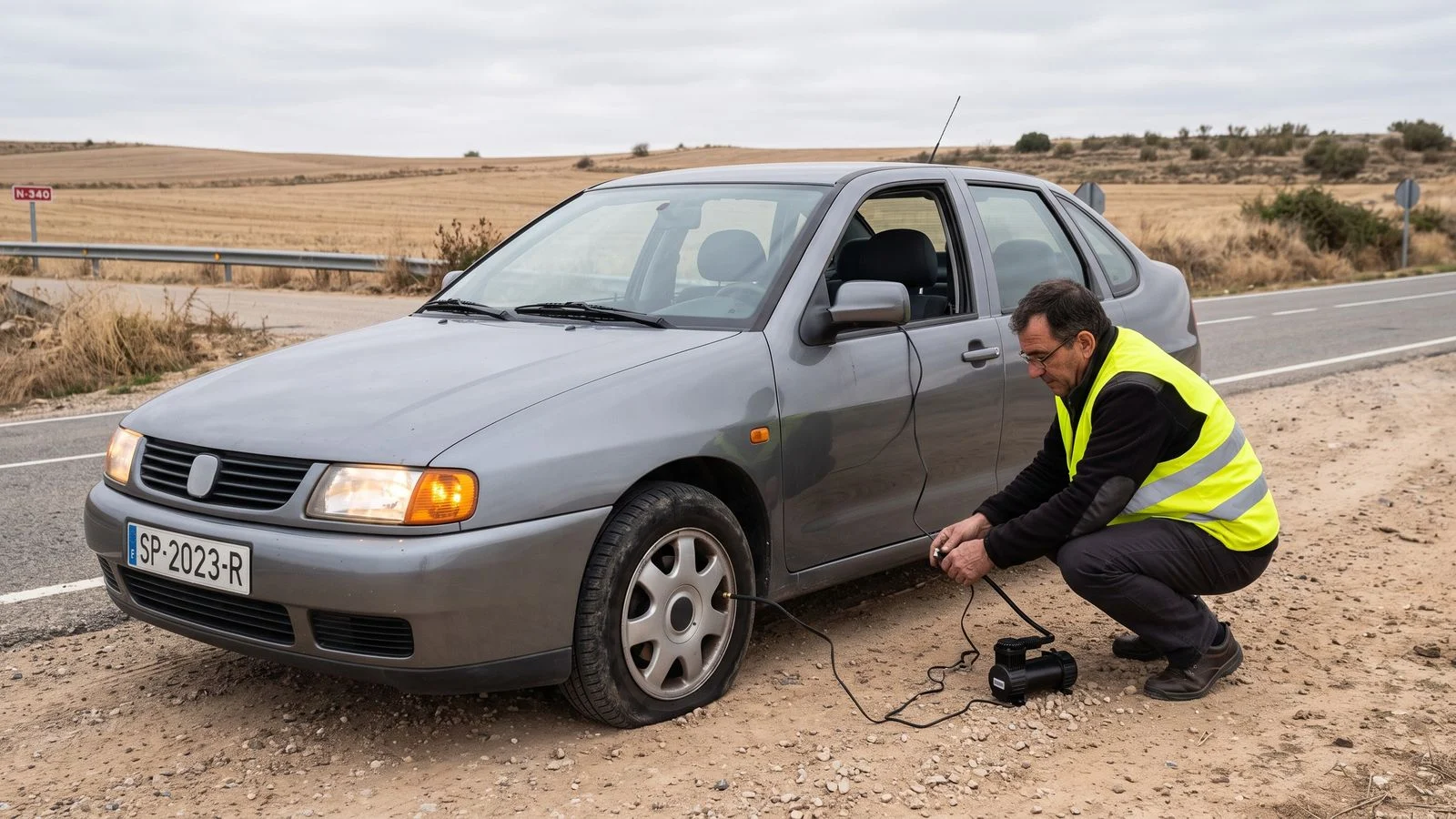 Conductor con chaleco reflectante junto a la rueda delantera desinflada de un coche en el arcén, con un compresor de 12 V conectado a la válvula.