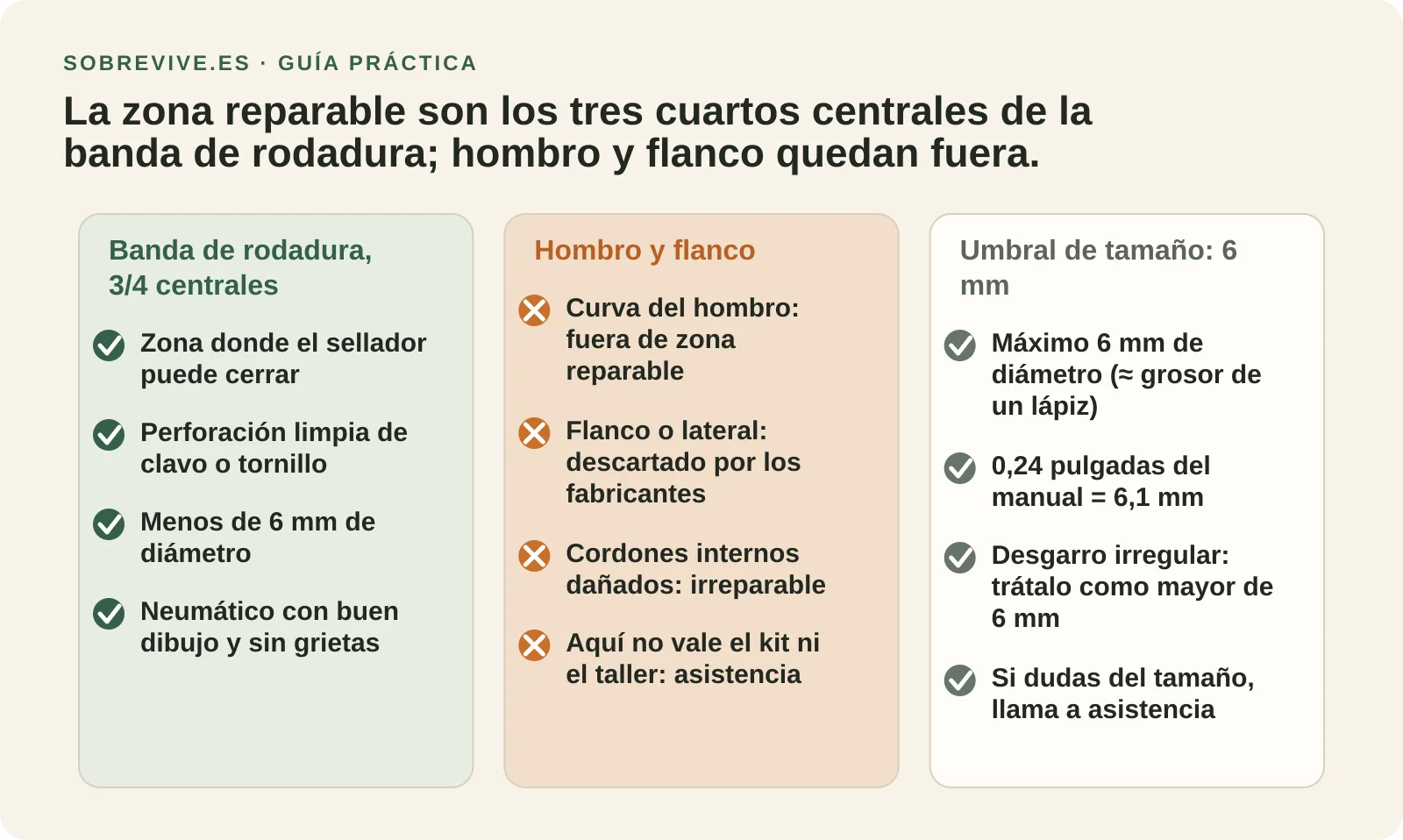 Diagrama del neumático con tres zonas etiquetadas: banda de rodadura central reparable, hombro no reparable y flanco no reparable, con el umbral de 6 mm.