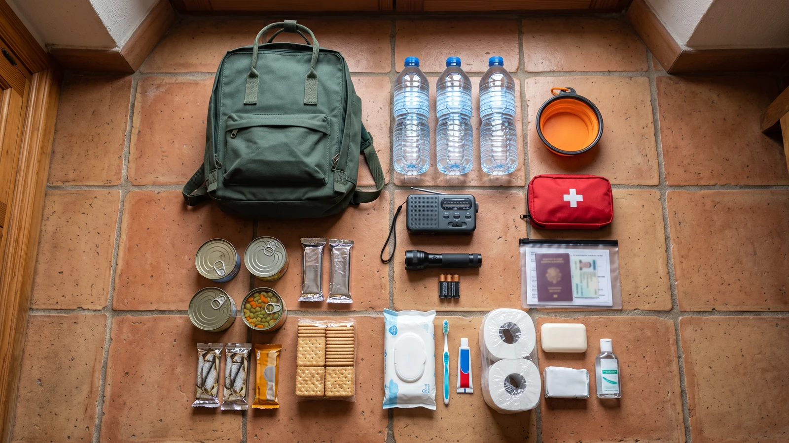 Kit doméstico de 72 horas organizado con mochila, agua, radio, botiquín y documentos