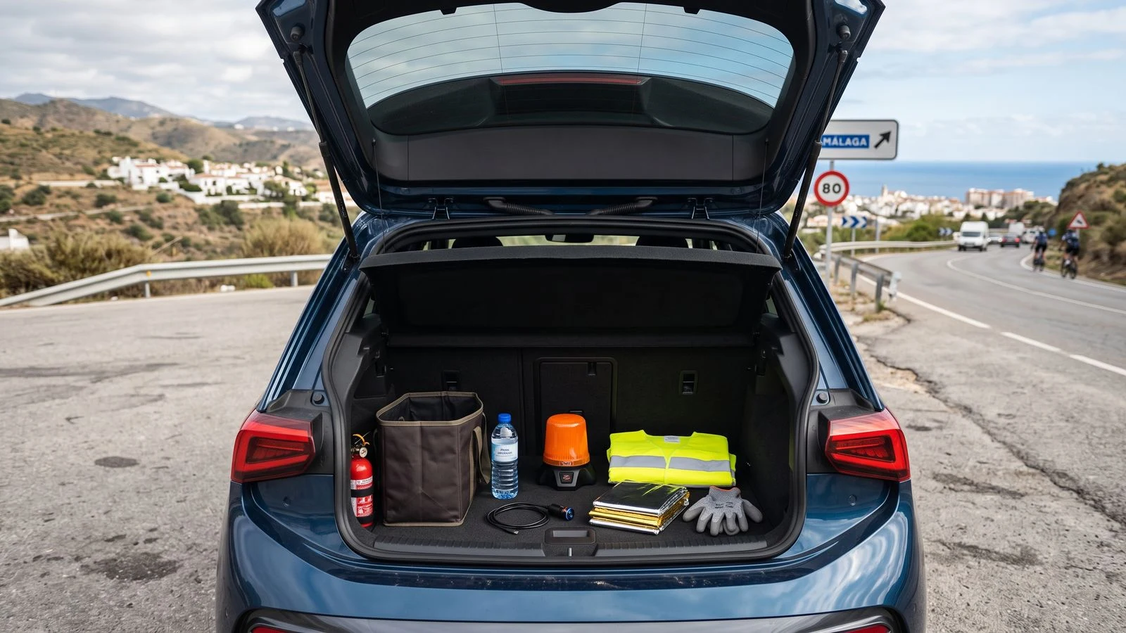 Kit de emergencia para coche organizado con baliza V16, chaleco, manta y cargador