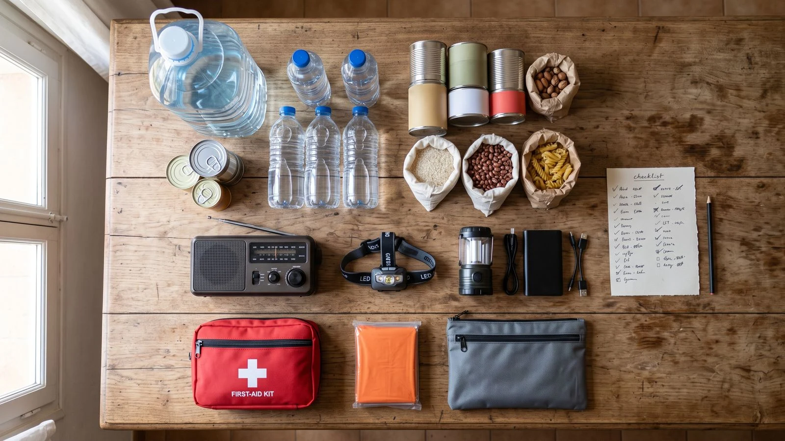 Kit de supervivencia para casa con agua, comida, radio, luz y botiquín ordenados por categorías
