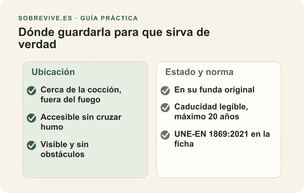 Dónde guardarla: cerca de la cocción pero fuera del fuego y accesible sin cruzar humo, en su funda, con caducidad legible y conformidad UNE-EN 1869:2021