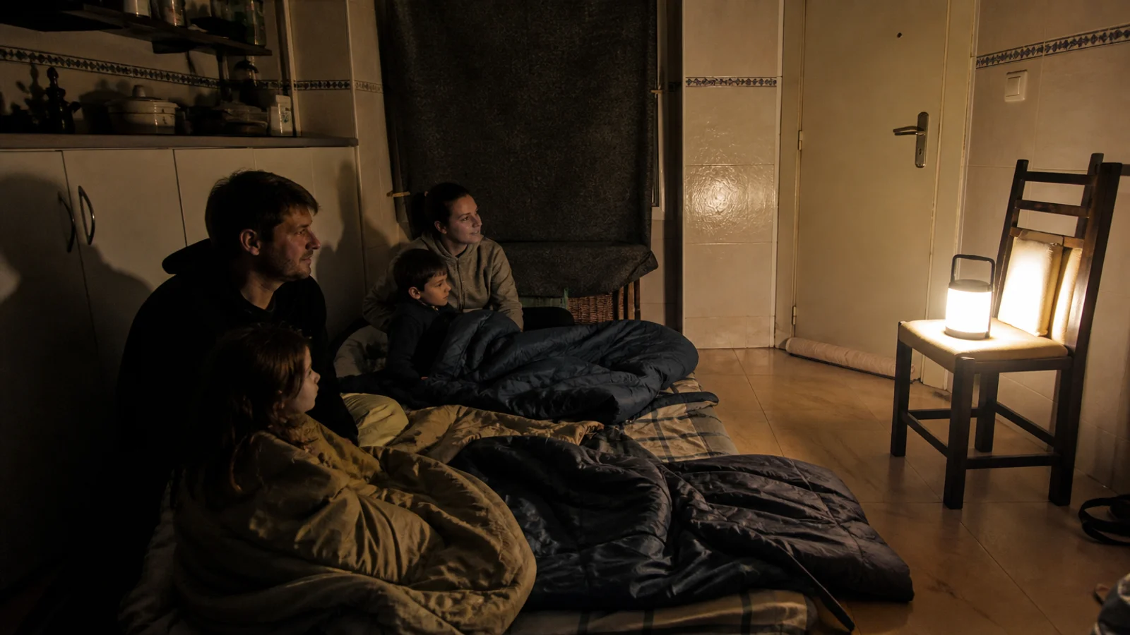 Familia envuelta en mantas y sacos de dormir en una habitación a oscuras, con la puerta sellada con una toalla y la ventana tapada