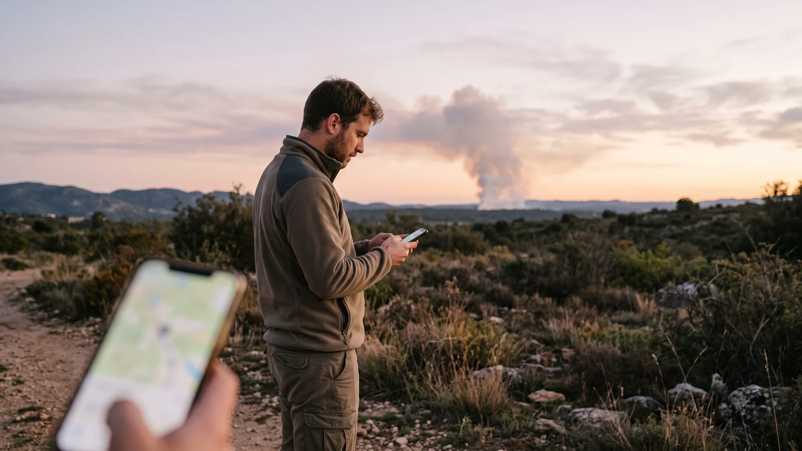 Una persona consulta un mapa en su teléfono móvil mientras al fondo se ve una columna de humo lejana en un atardecer de verano