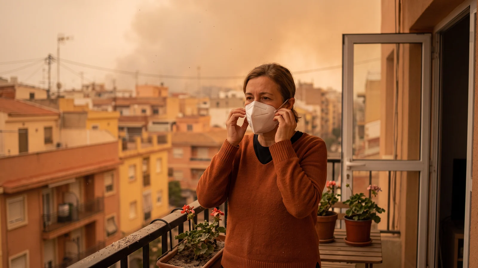 Persona ajustándose una mascarilla de partículas en un balcón con ceniza cayendo y humo de fondo