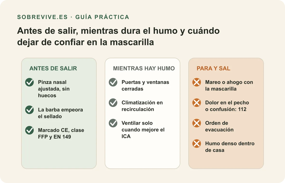 Tres bloques de comprobaciones: antes de salir revisar sellado y marcado, mientras hay humo mantener la casa cerrada, y parar y salir ante mareo, dolor en el pecho, orden de evacuación o humo denso dentro