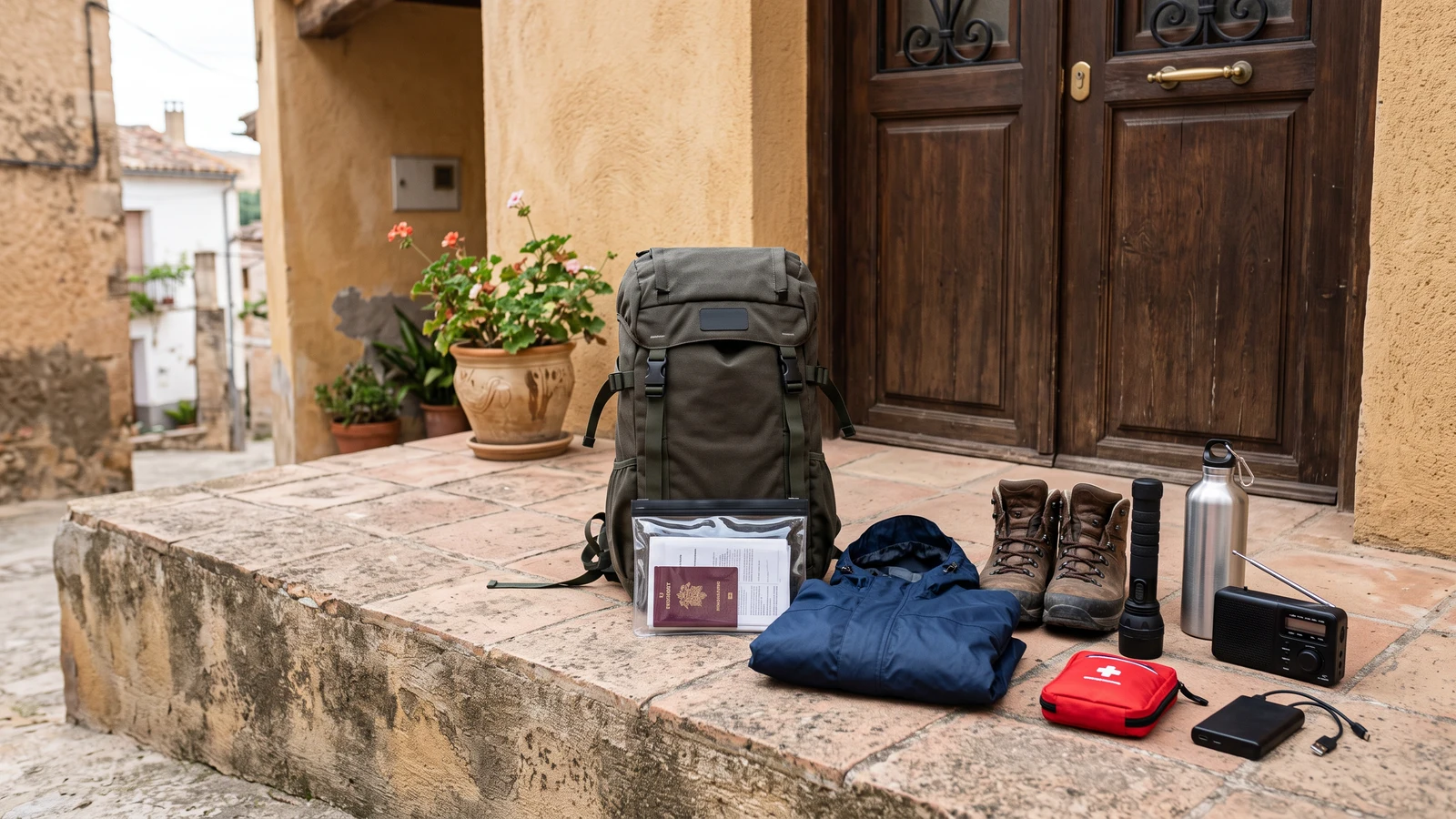 Mochila de evacuación compacta preparada en una entrada seca con funda impermeable y ropa de lluvia