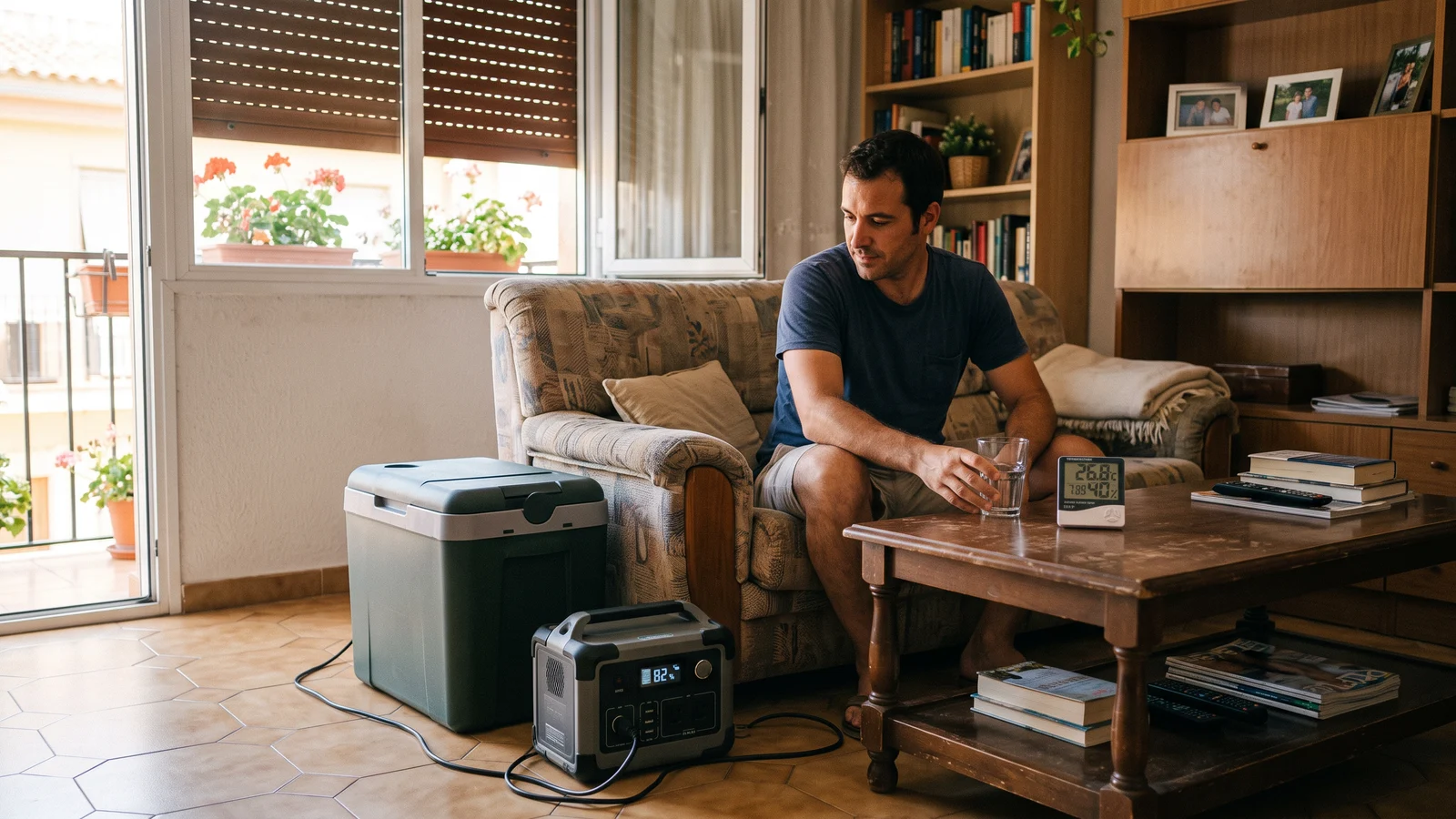 Salón de una vivienda española durante un apagón de verano con una nevera portátil conectada a una estación de energía