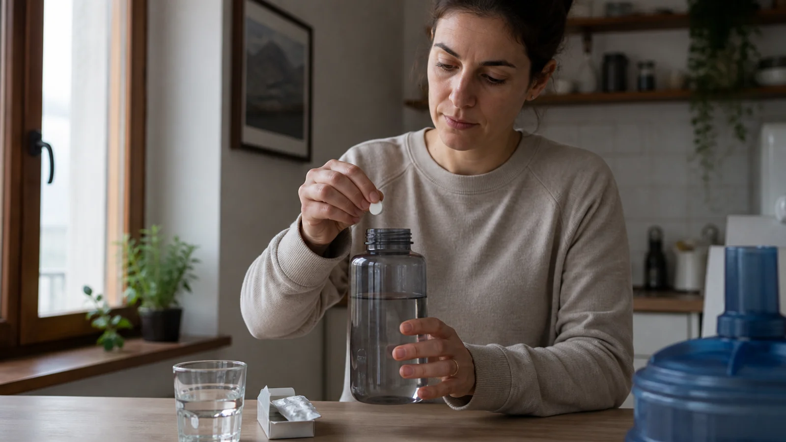 Fotografía editorial ilustrativa para Pastillas para potabilizar agua: límites y cuándo no bastan