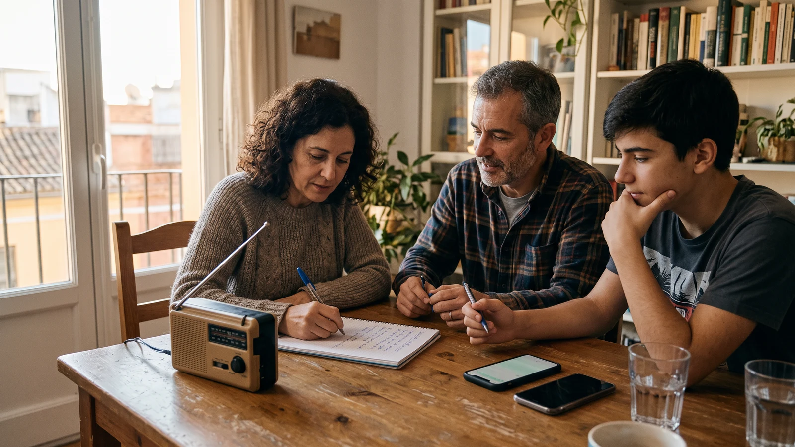 Familia preparando en papel un plan de contacto para un apagón junto a una radio portátil