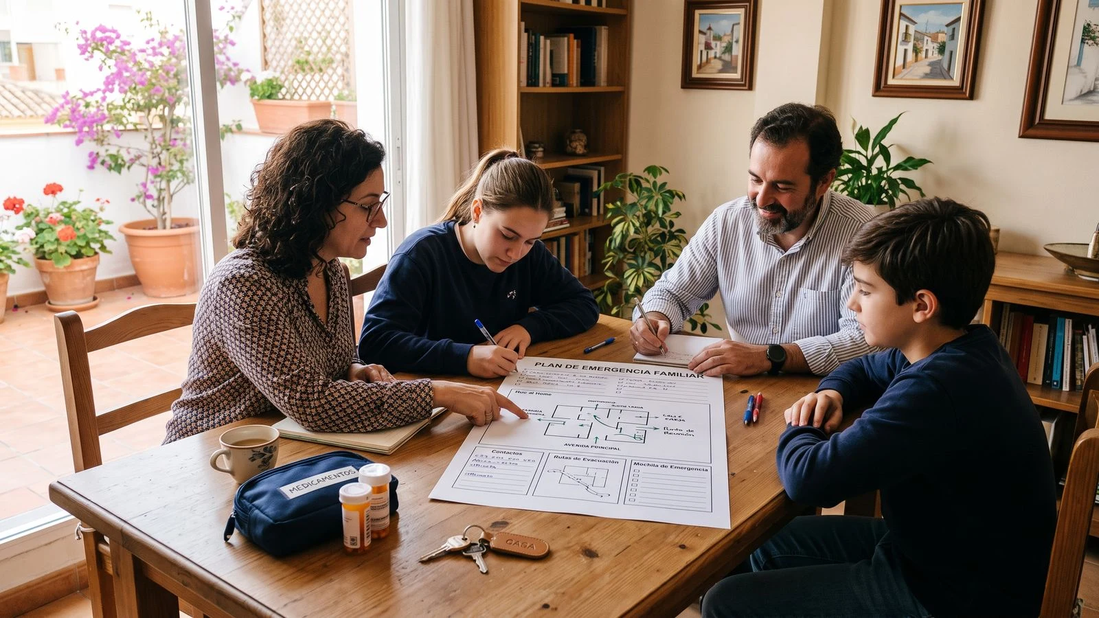 Familia completando una plantilla de emergencia con rutas, contactos y responsabilidades