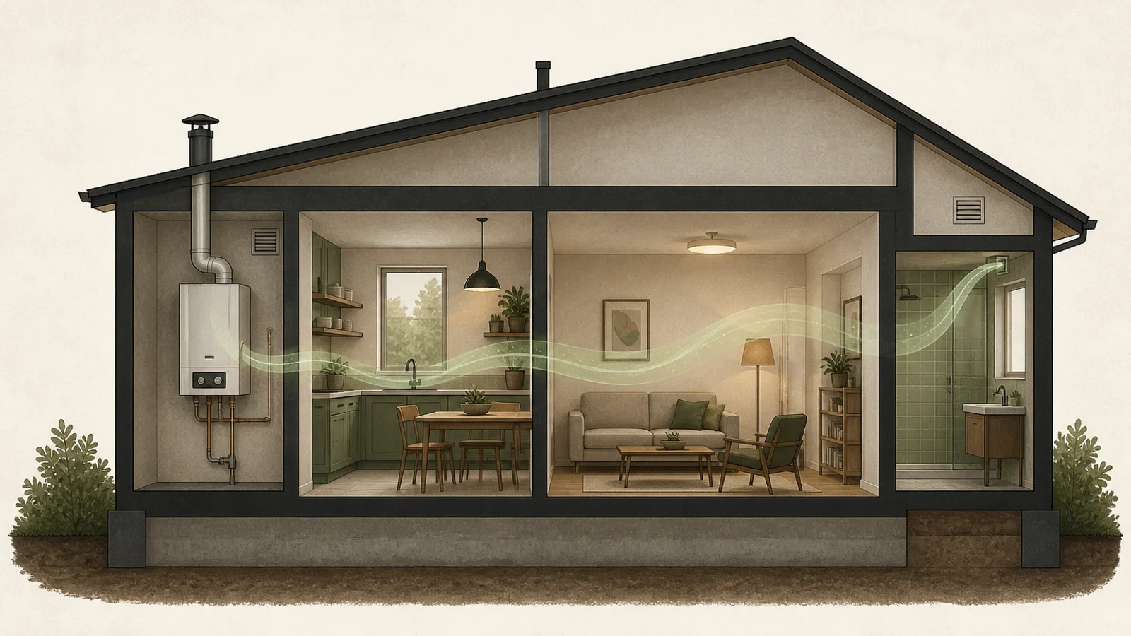 Ilustración de una vivienda en corte con un aparato de combustión y el gas invisible distribuido por la estancia