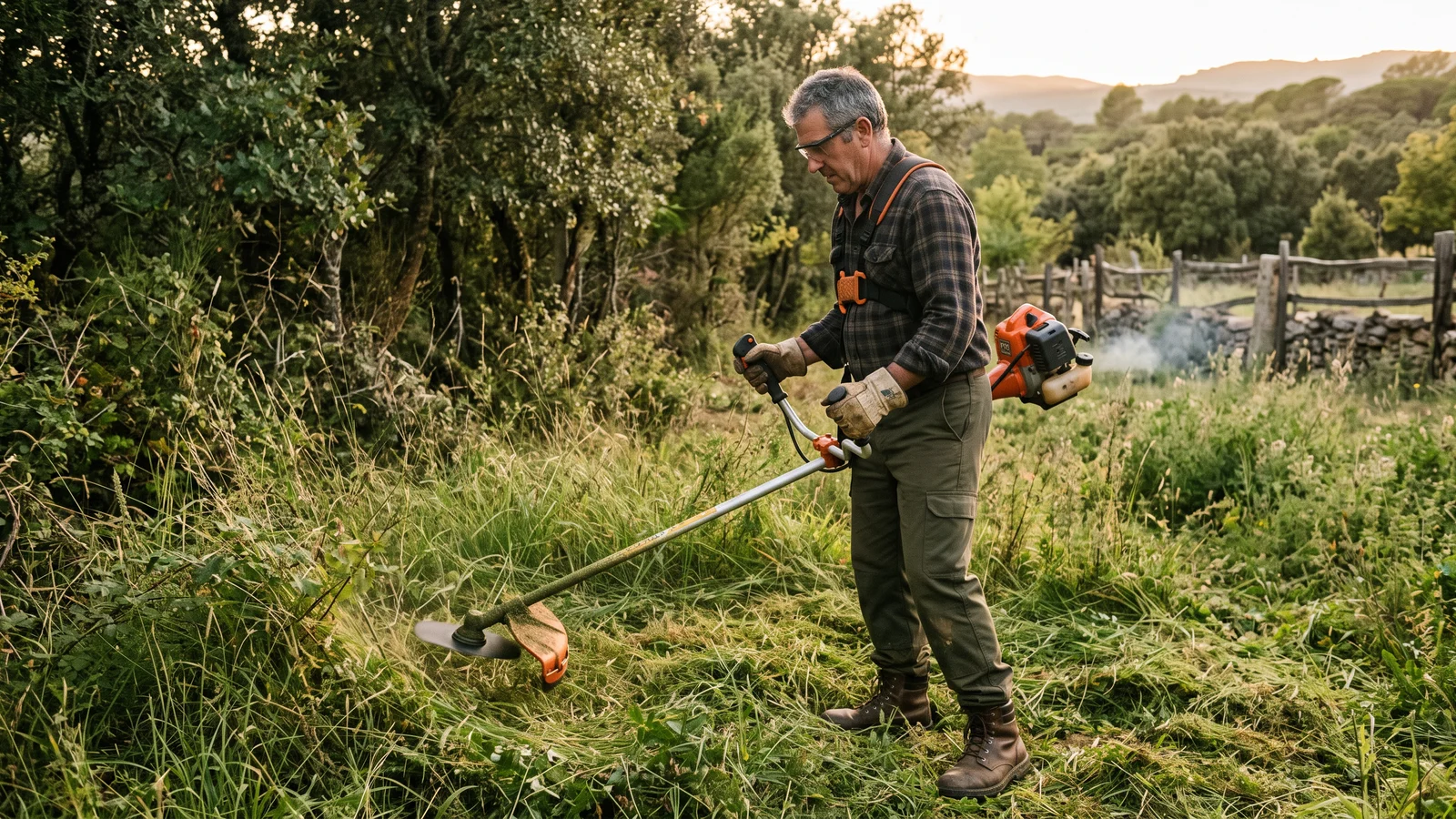 Propietario con equipo de protección usando una desbrozadora junto al límite de la parcela con el monte, al atardecer