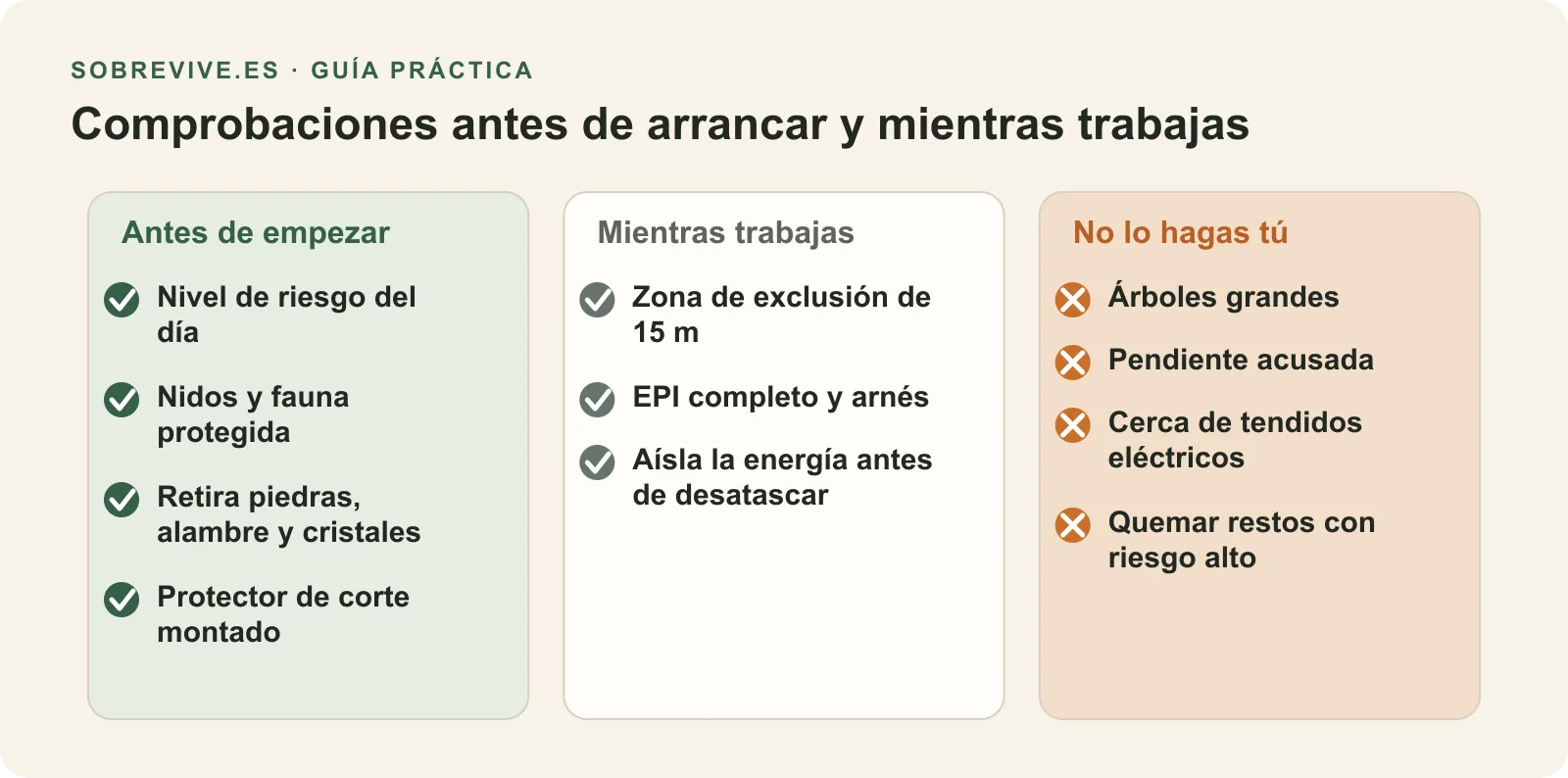 Comprobaciones antes de arrancar la desbrozadora, durante el trabajo, y tareas que requieren valoración profesional como árboles grandes, pendientes y tendidos eléctricos