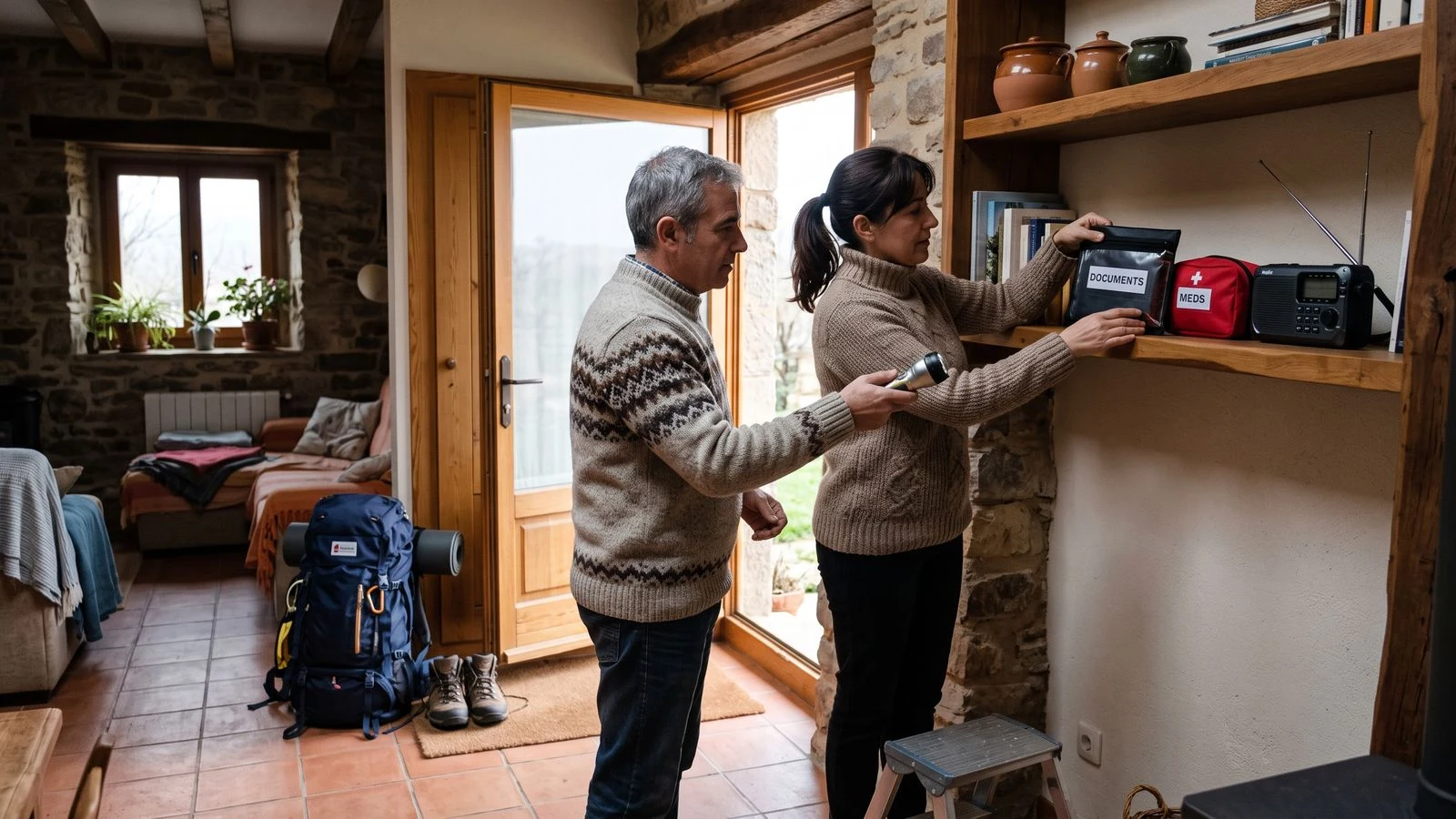 Familia colocando documentos y material de emergencia en una balda alta antes de lluvias intensas