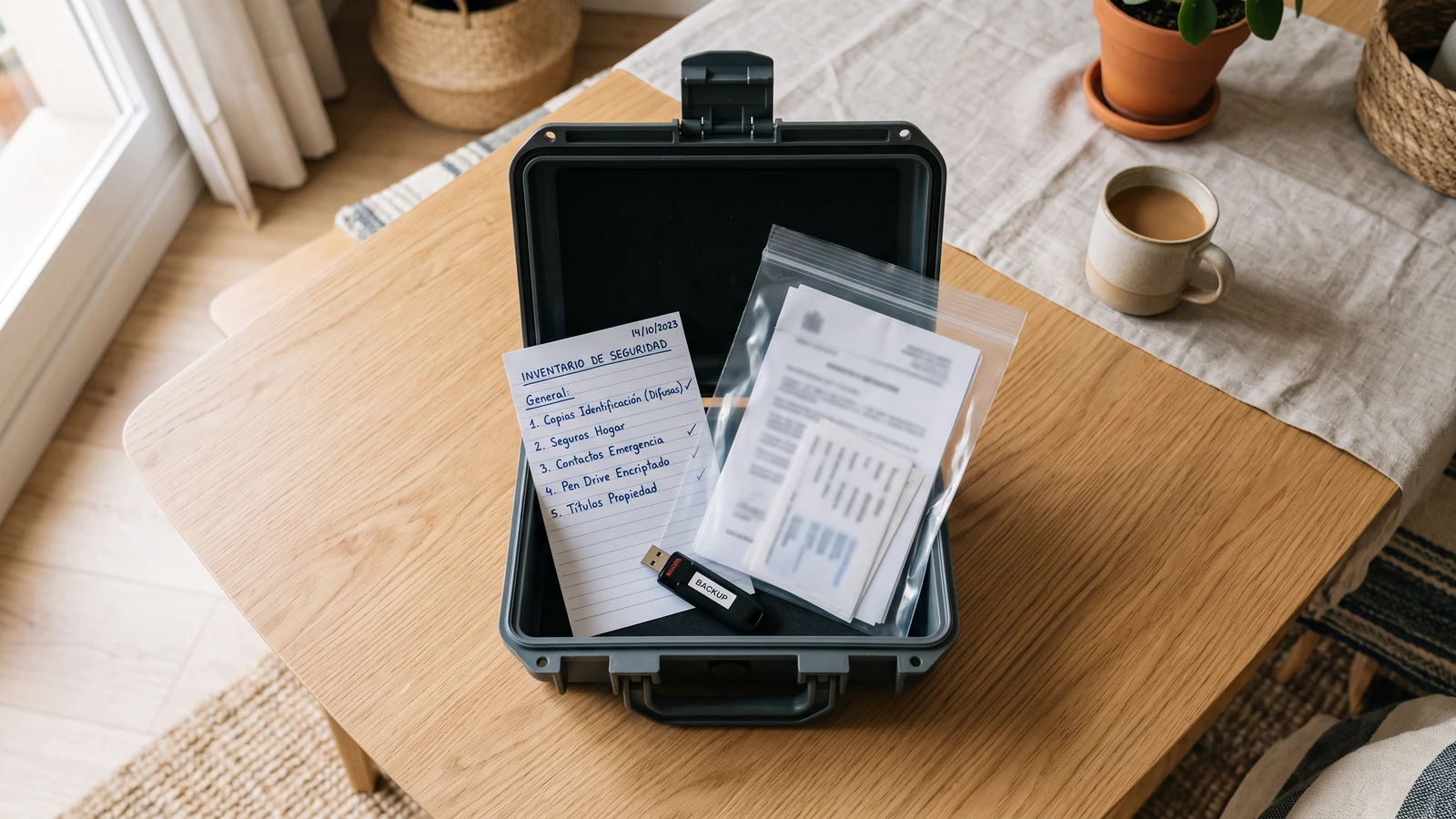 Copias de documentos protegidas en una funda impermeable junto a una caja y memoria cifrada