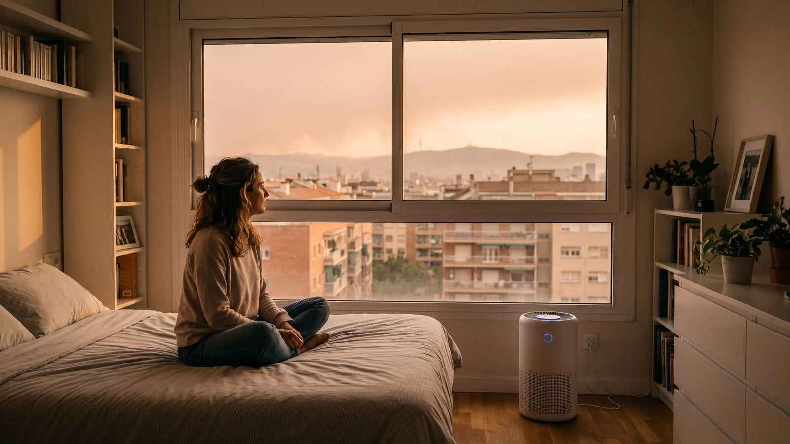 Purificador de aire encendido junto a una ventana cerrada de un dormitorio, con el cielo teñido de humo de incendio forestal visible al fondo.