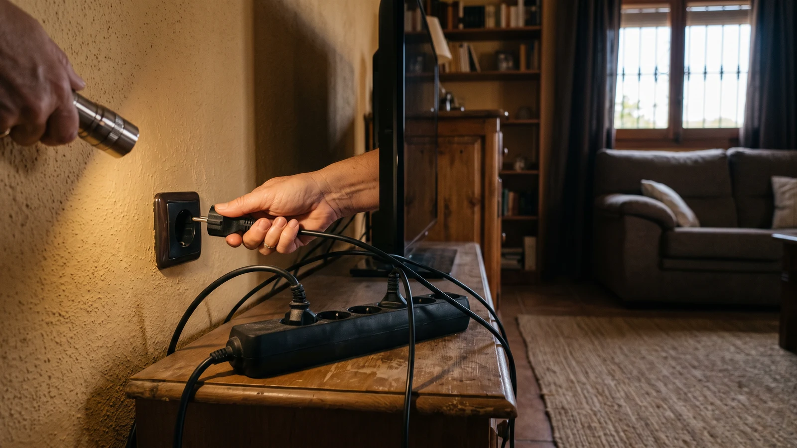 Mano desconectando una regleta de aparatos domésticos antes de recuperar la electricidad