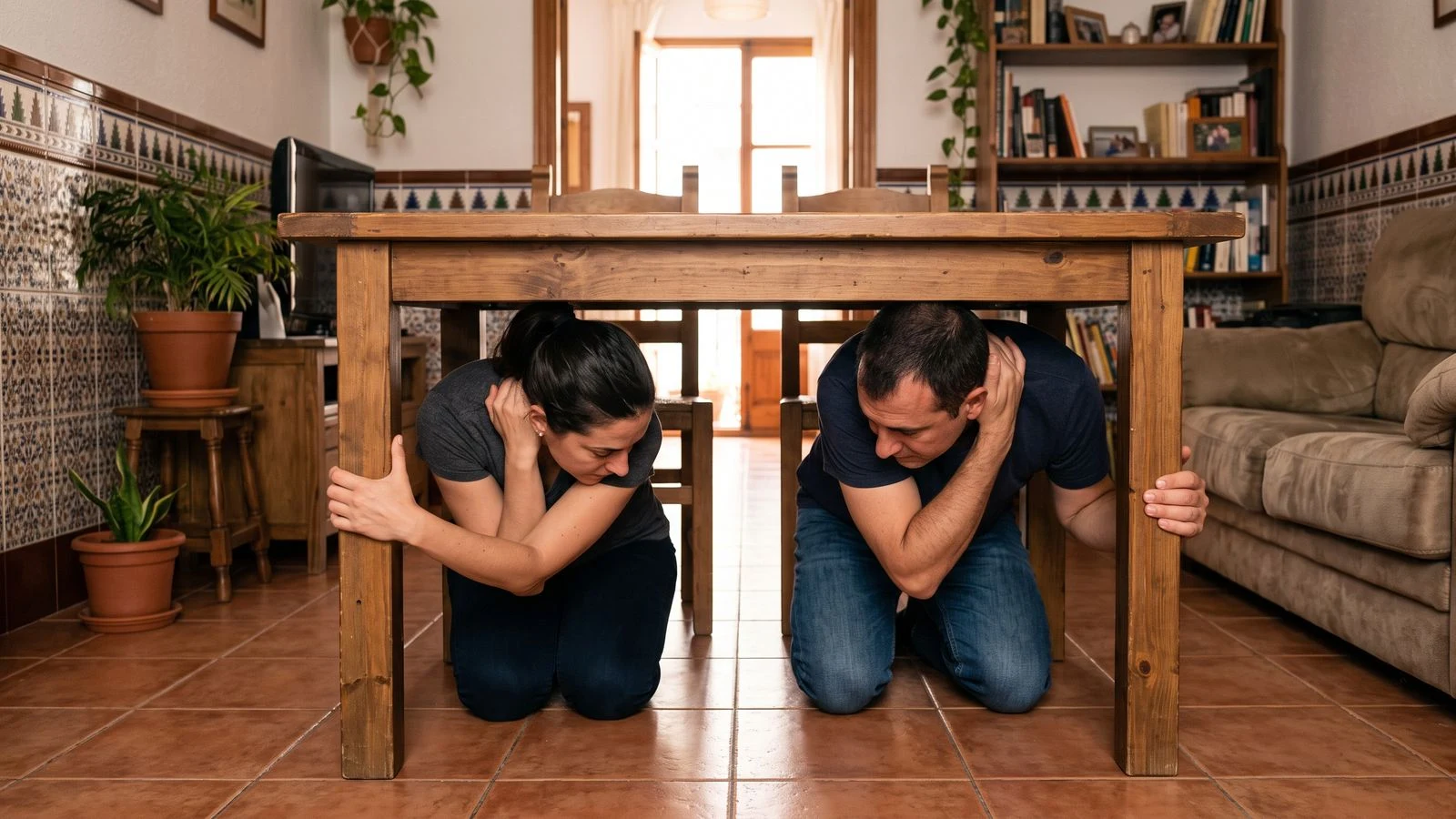 Familia practicando cómo protegerse bajo una mesa resistente durante un terremoto