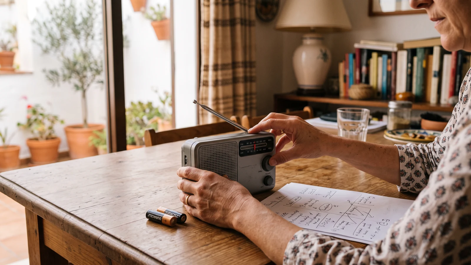 Persona sintonizando una radio portátil junto a un plan familiar en papel