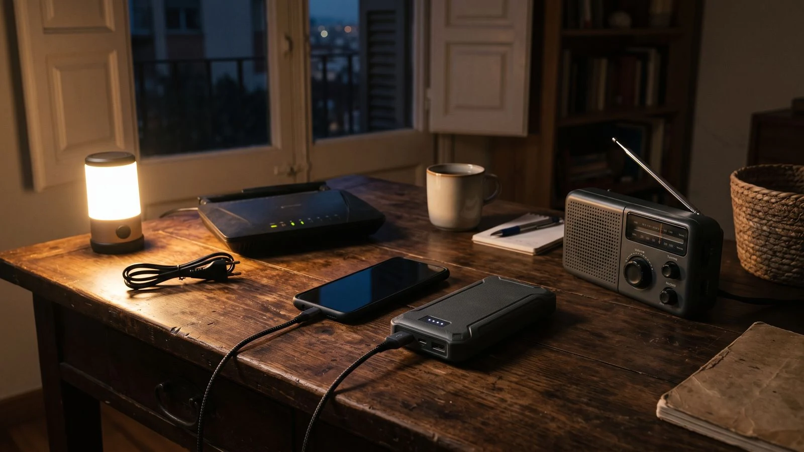 Router, teléfono, batería externa y radio preparados para un apagón doméstico
