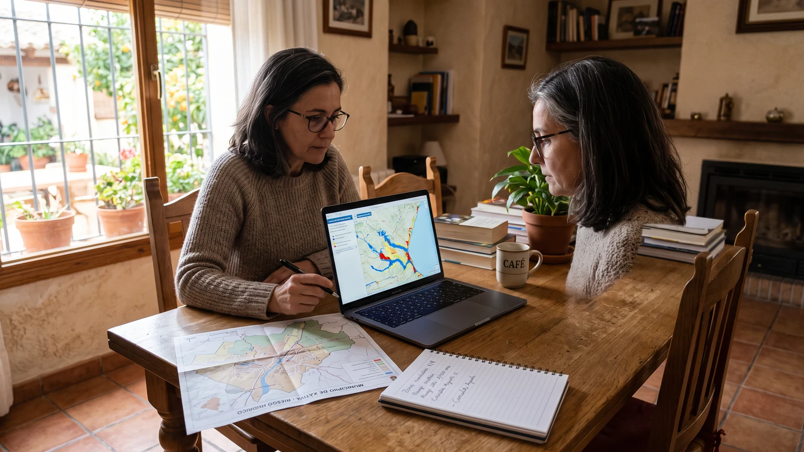 Persona consultando en un portátil un mapa oficial de zonas inundables de su municipio