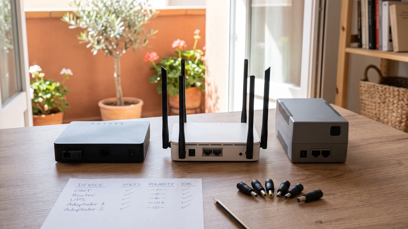 Router y ONT junto a un mini-UPS con sus conectores comprobados antes de un apagón