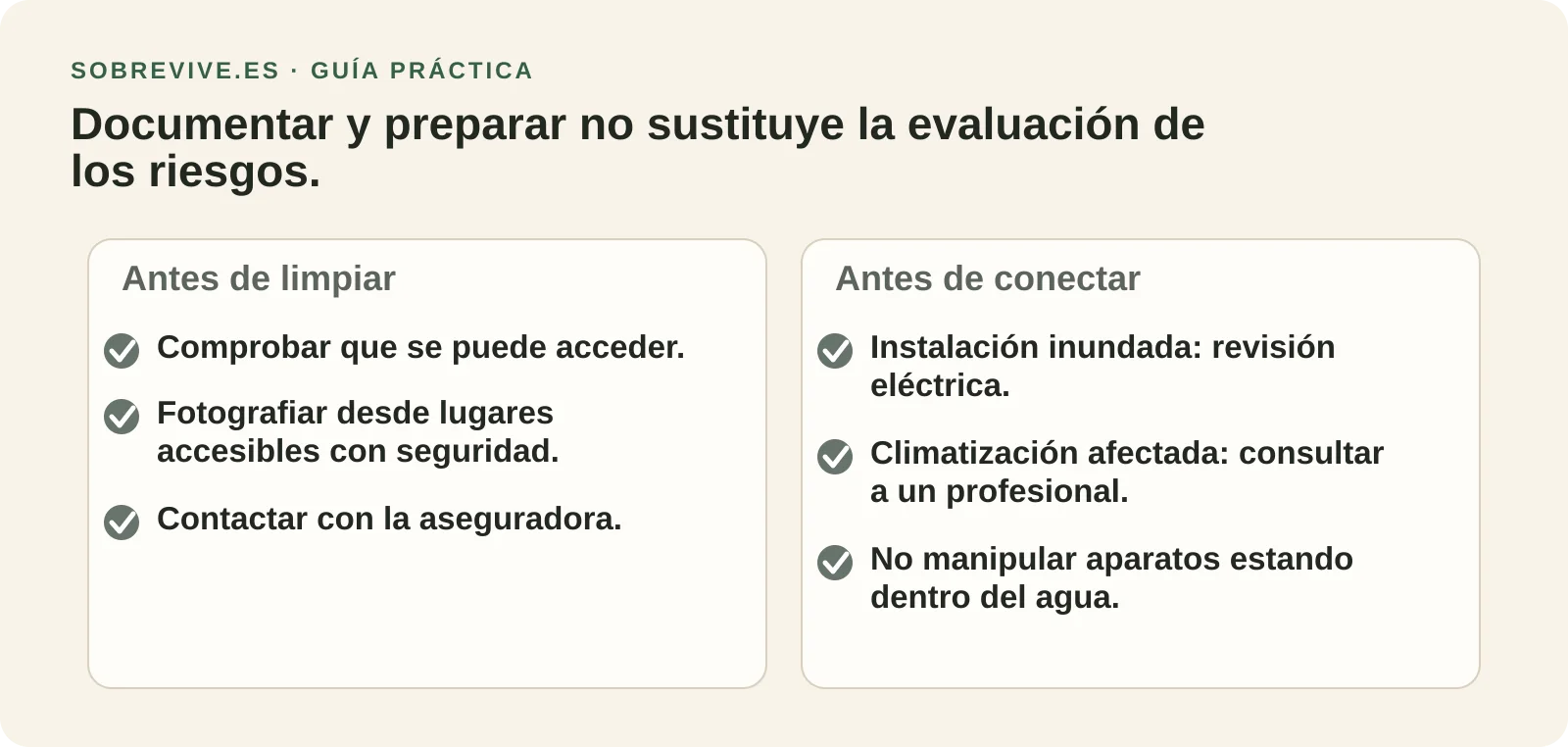 Lista de comprobaciones previas sobre acceso, documentación y equipos afectados.