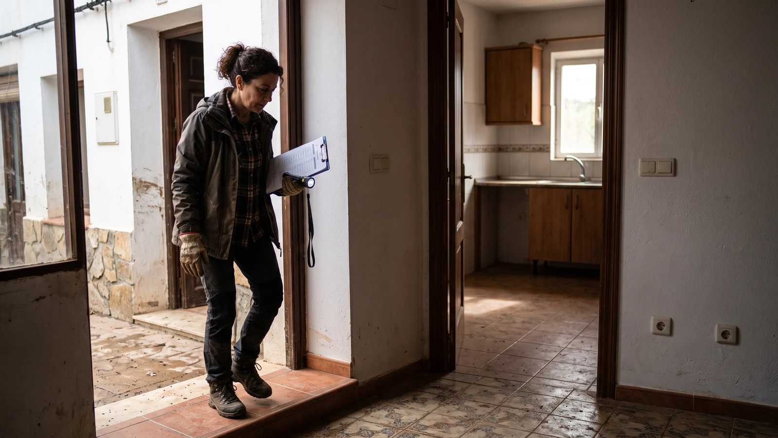 Persona esperando en la entrada de una vivienda antes de revisar agua, comida y electricidad tras una inundación
