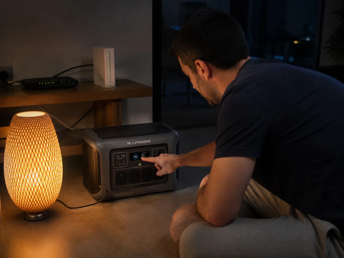 Estación de energía portátil ALLPOWERS R1500 LITE conectada junto al router en una vivienda durante un apagón