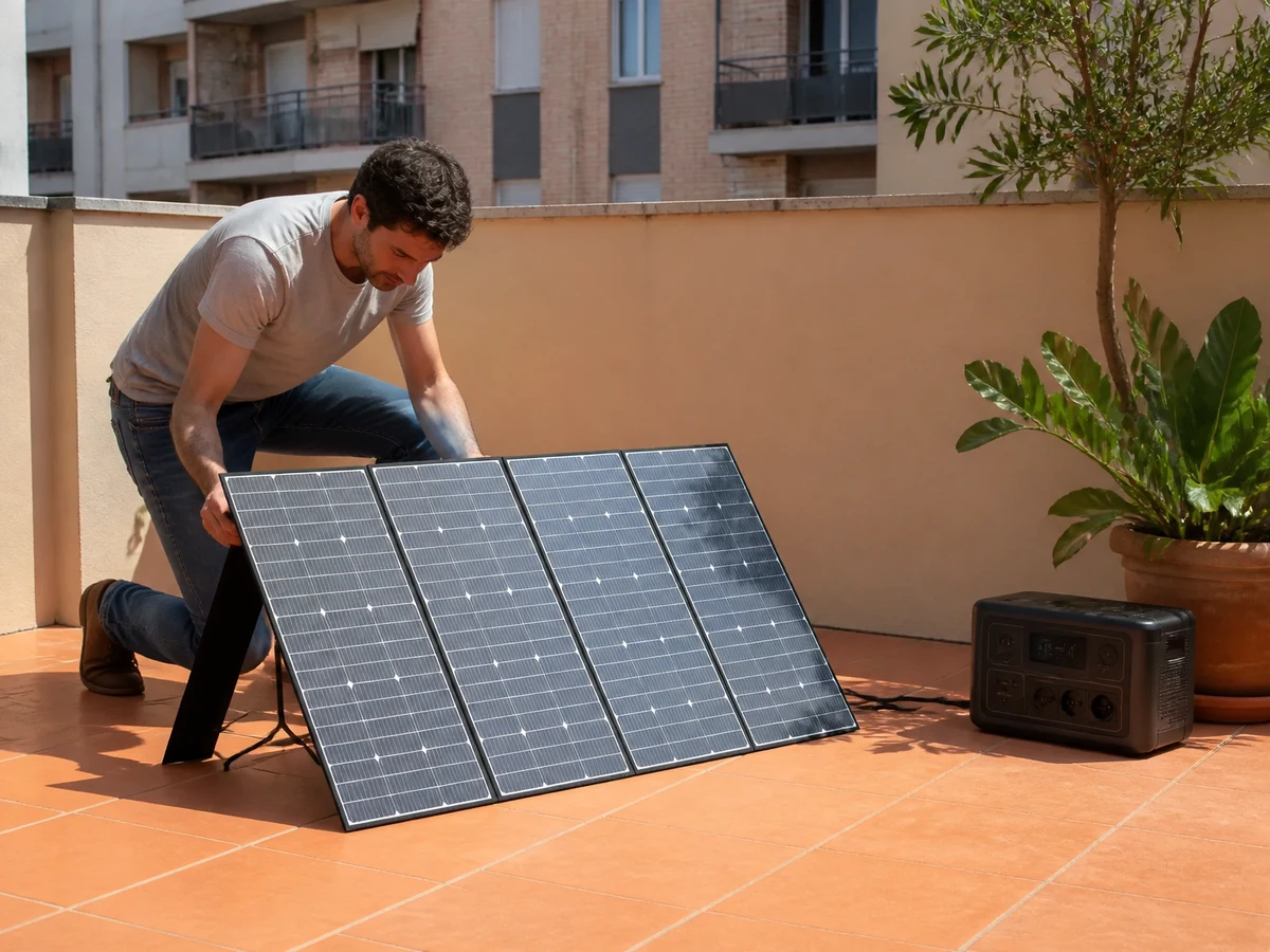 Panel solar plegable ALLPOWERS SP037 de 400 W desplegado en una terraza y conectado a una estación de energía portátil