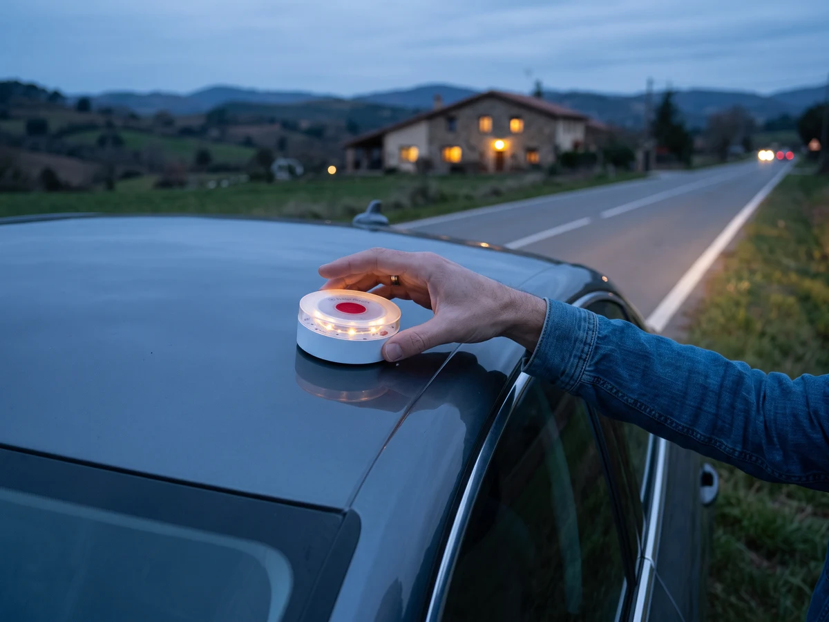 Baliza Help Flash IoT+ sobre el techo de un coche detenido