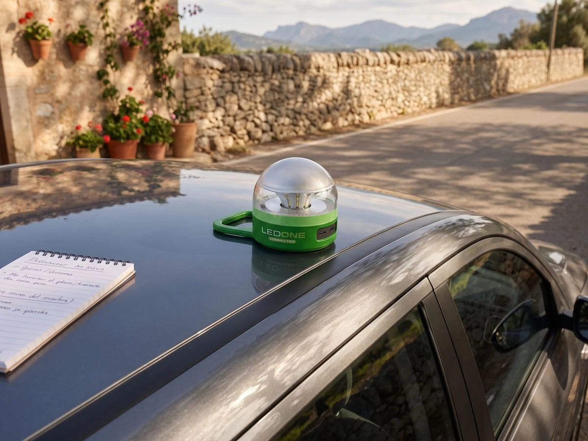Baliza PF LED ONE V16 Connected sobre un coche detenido