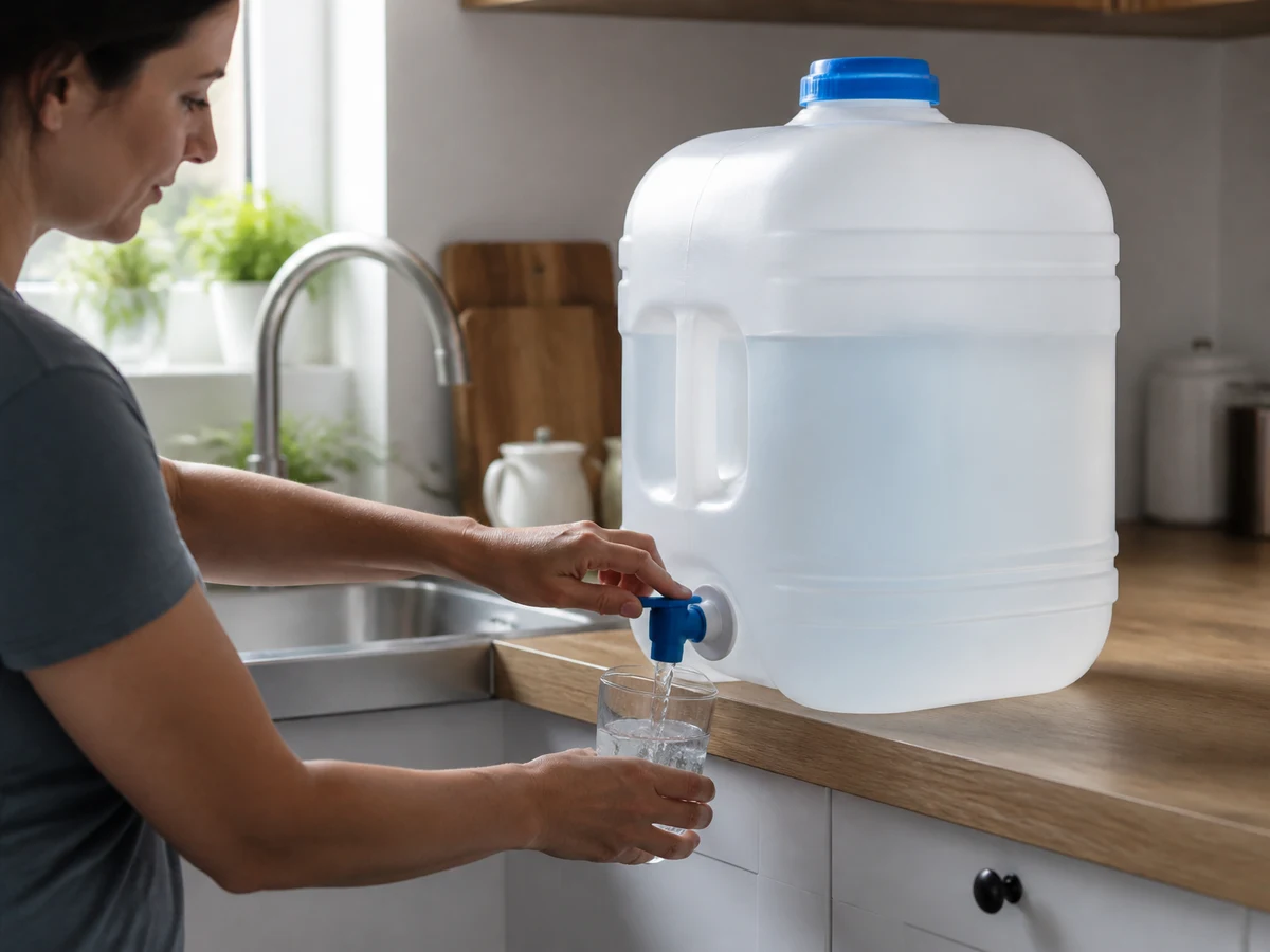Bidón de agua con grifo sobre la encimera y un vaso llenándose